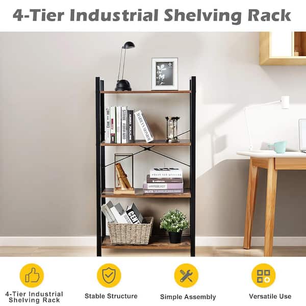 47 in. Brown Wood Iron 4 Shelf Standard Style Bookcase with Anti-tip Device