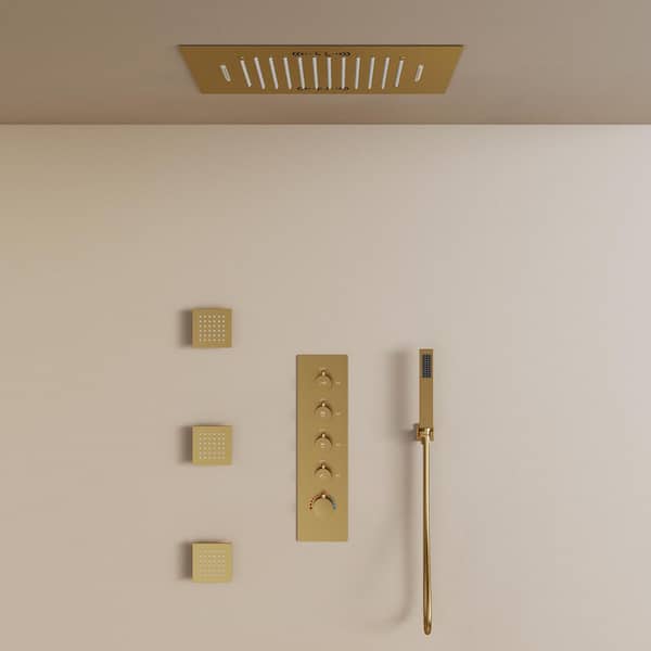 Aurora 20 in. Mood Light Quadruple Handles 15-Spray Shower Faucet 2.5 GPM with LED Bluetooth Anti Scald in Brushed Gold