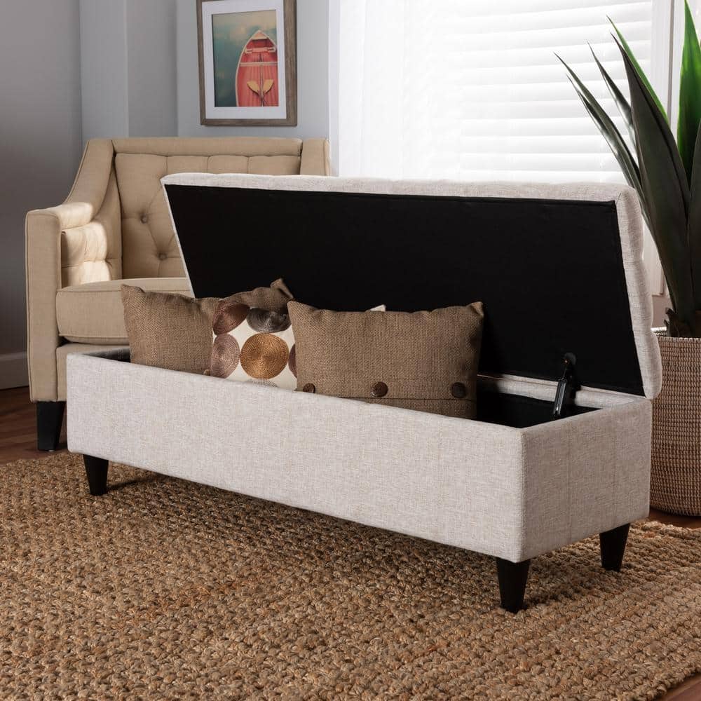 Beige Tufted Fabric Storage Bench with Dark Wood Legs