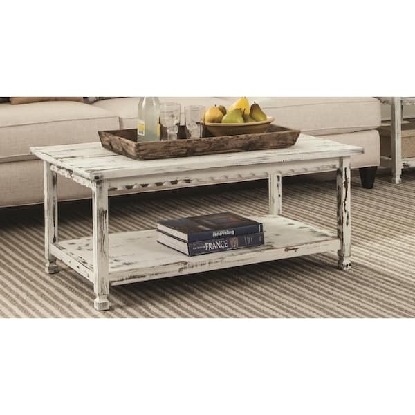 Alaterre Furniture Country Cottage 42 in. White Large Rectangle Wood Coffee Table with Shelf