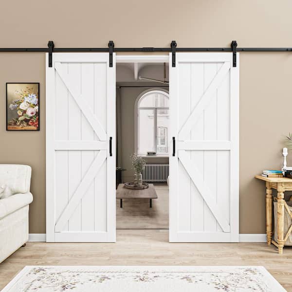 ARK DESIGN 60 in. x 84 in. Paneled Off White Primed MDF British K Shape MDF Sliding Barn Door with Hardware Kit and Soft Close