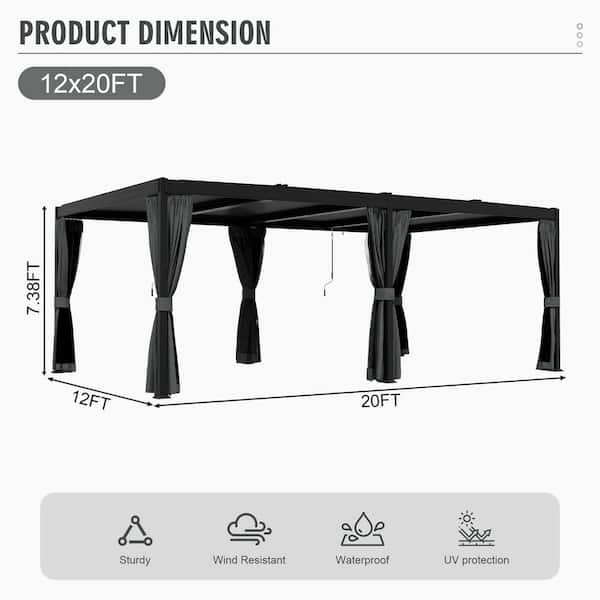 12 ft. x 20 ft. Black Steel Pergola with Adjustable Louvered Roof, Curtains and Netting for Patio