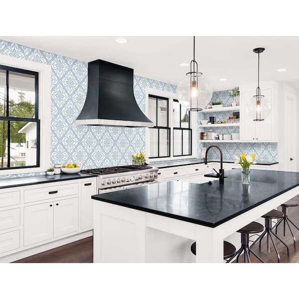 56 sq. ft. Luxe Retreat Matte Carolina Blue and Arrowroot Smooth Plumosa Tile Unpasted Paper Wallpaper