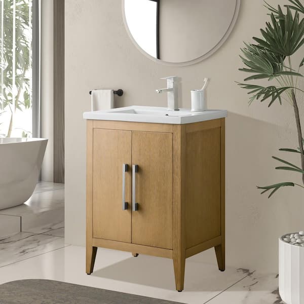 24 in. W x 18.5 in D x 34 in. H Single Sink Bathroom Vanity Cabinet in Natural Oak with Ceramic Top