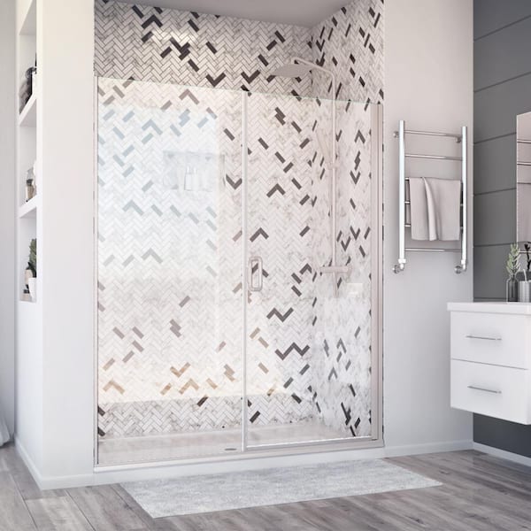 Holcam Deluxe 55 in. W x 71.375 in. H Hinged Semi-Frameless Shower Door and Inline Panel in Brushed Nickel