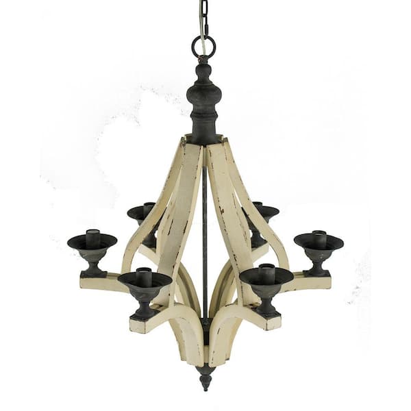 60-Watt 6-Light Cream Wood Chandelier Hanging Light Fixture for Dining Living Room No Blub E12
