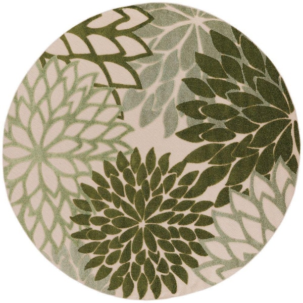 Nourison Aloha Ivory Green 8 ft. x 8 ft. Floral Contemporary Round Indoor Area Rug