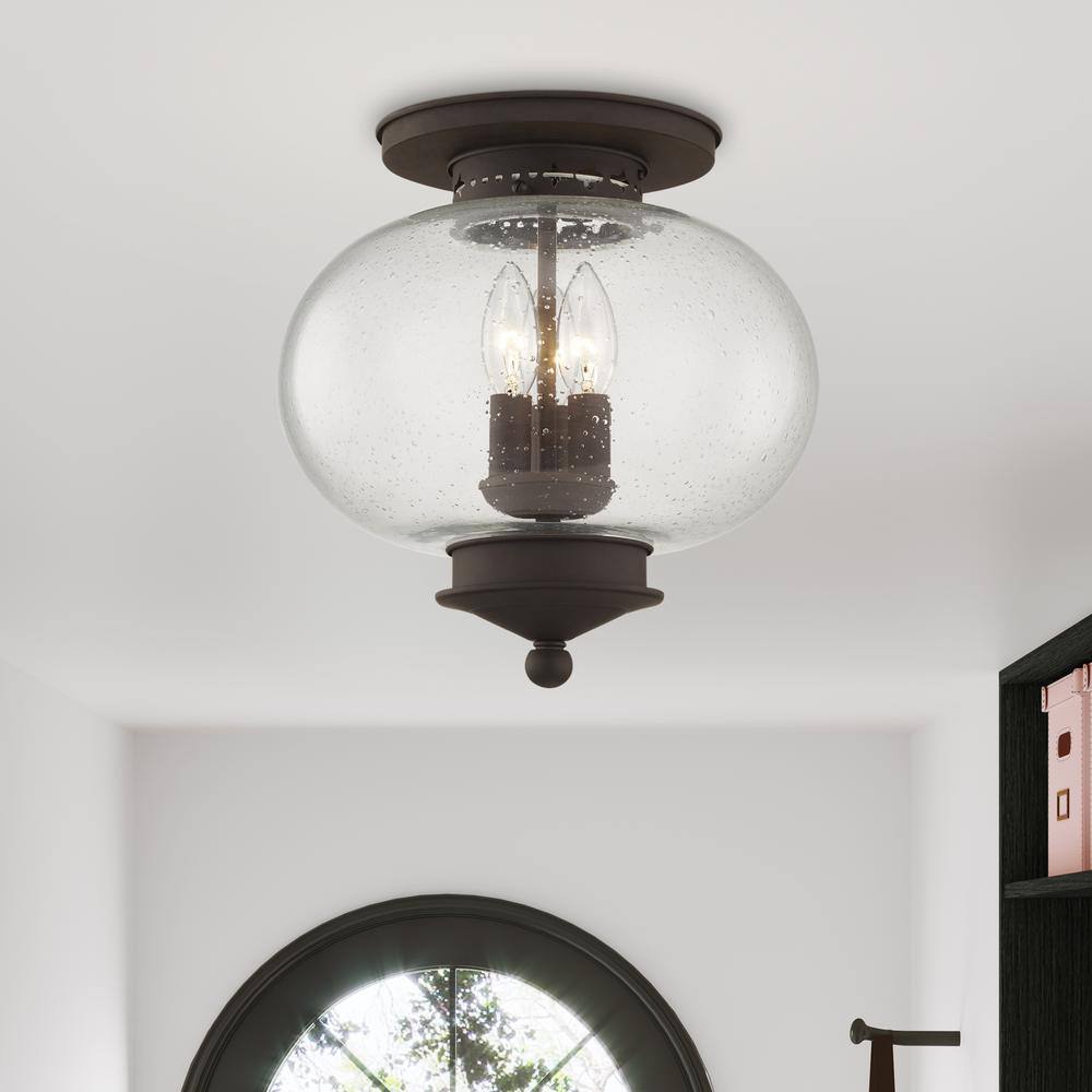 Bronze Globe Semi-Flush Mount with Seeded Glass Shade