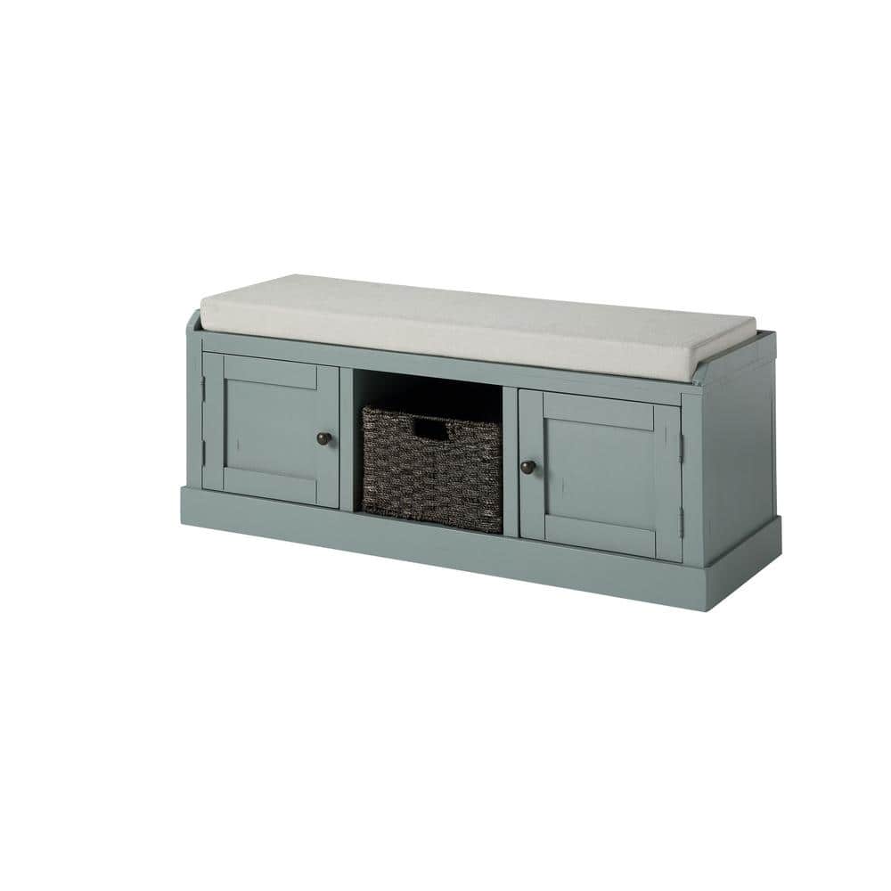 Light Blue Homes Collection Wood Storage Bench with 2-Cabinets and 1-Basket