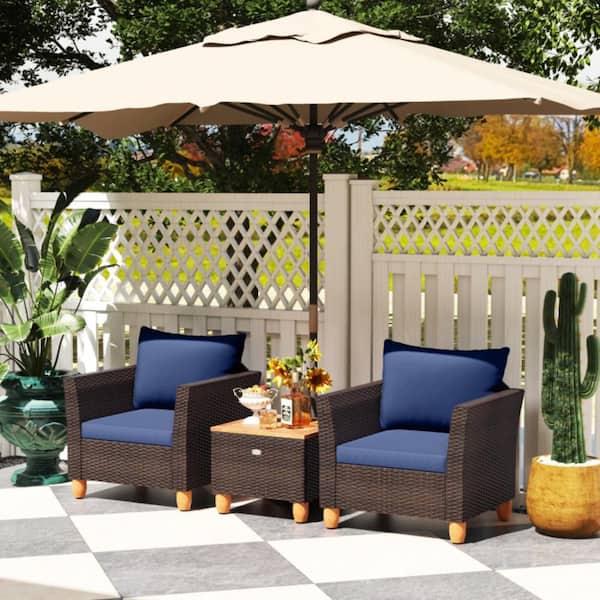 3 Piece Rattan Wicker Patio Conversation Set with Navy Cushions and Acacia Wood Coffee Table for Balcony Backyard Porch