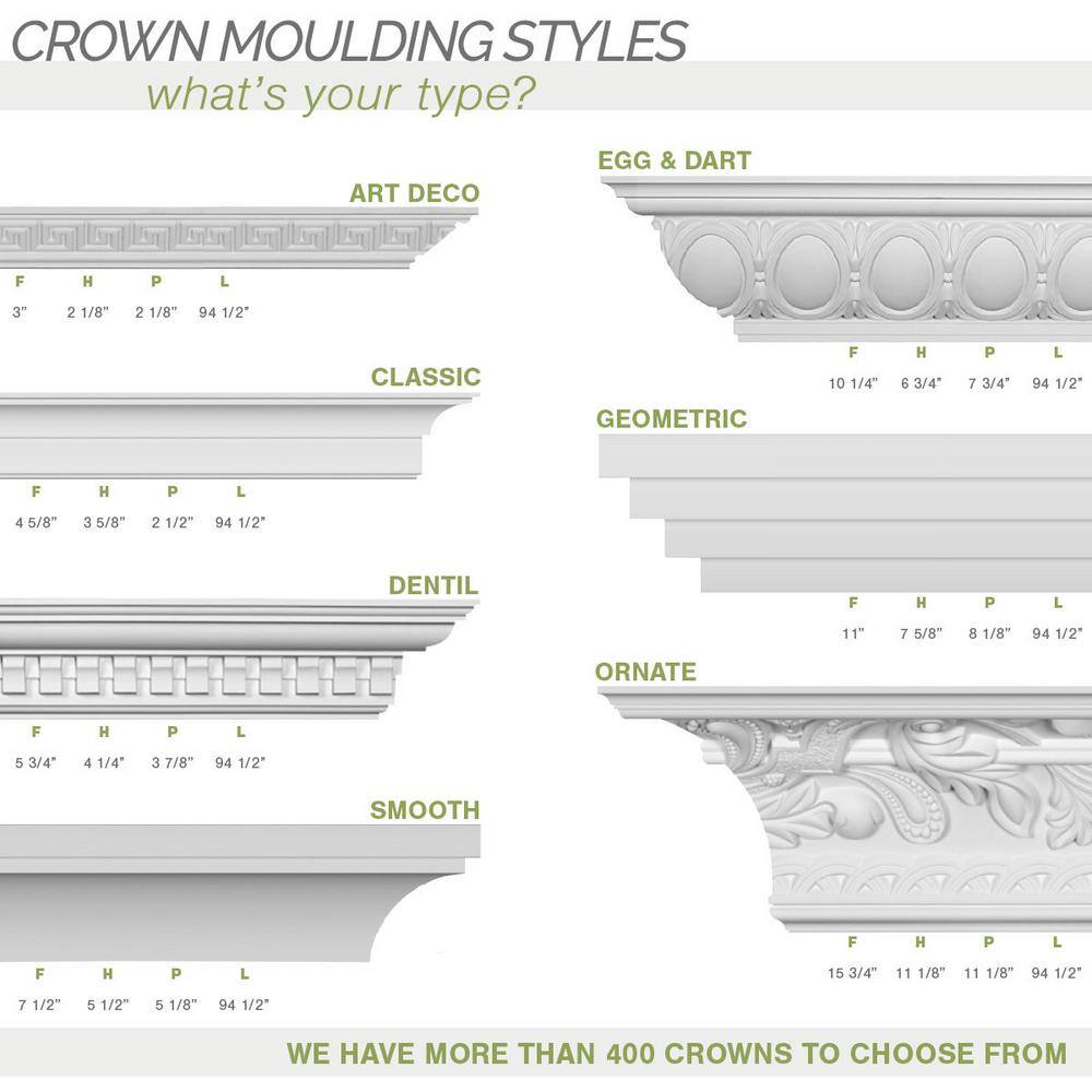 White Polyurethane Traditional Crown Moulding 7 3/8"H x 12"L