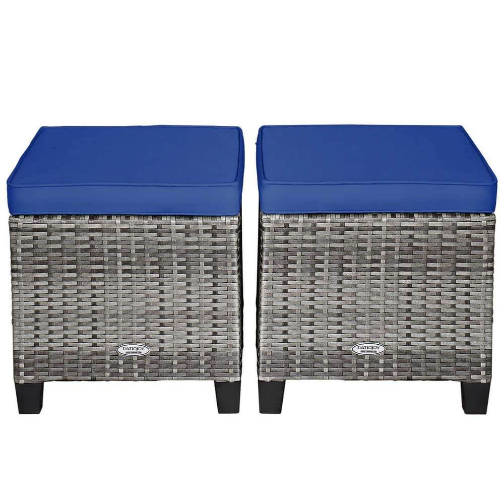 Mix Gray Wicker Outdoor Ottoman with Navy Cushions, 2 Pack