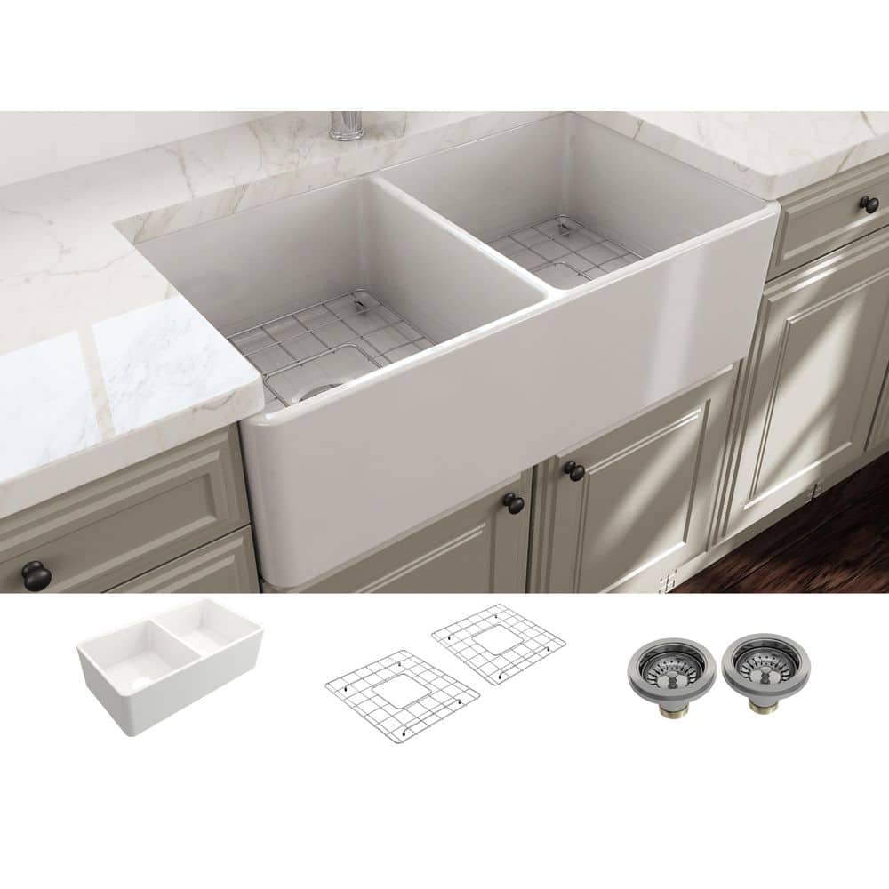 BOCCHI Classico Farmhouse Apron Front Fireclay 33 in. Double Bowl