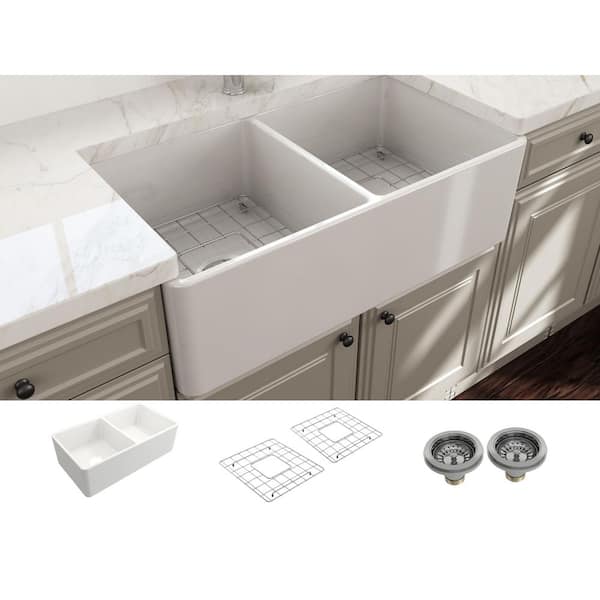 Classico Farmhouse Apron Front Fireclay 33 in. Double Bowl Kitchen Sink with Bottom Grid and Strainer in White