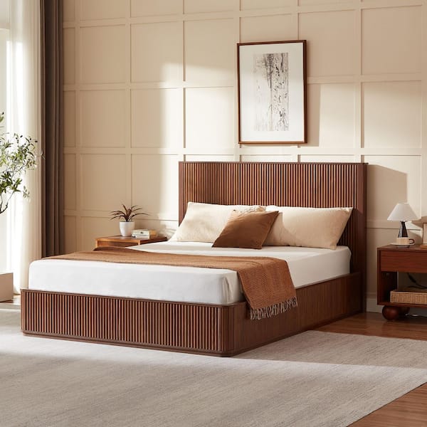 Oryn Modern Brown Walnut Finish Wood Frame Queen Size Platform Bed with Corrugated Wave Headboard