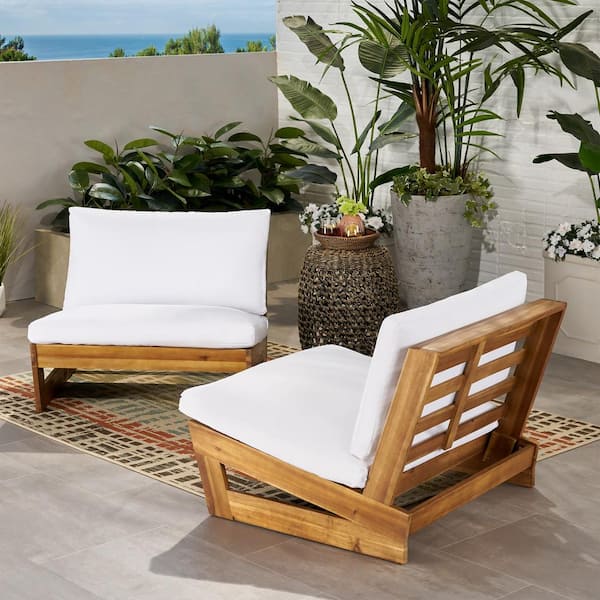 Noble House Sherwood Teak Brown Removable Cushions Wood  Outdoor Patio  Club Chair with White Cushions (2-Pack)