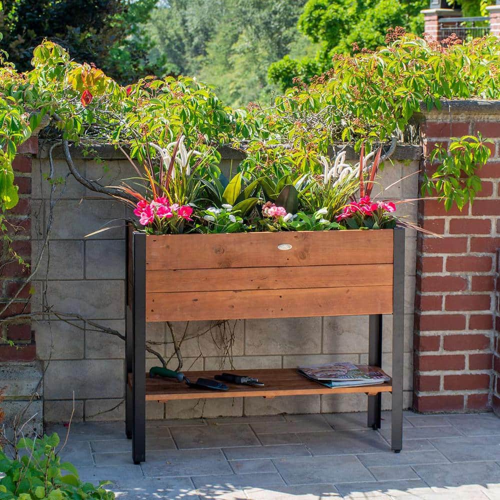 Medium Natural Brown Recycled Wood and Metal Raised Planter Box