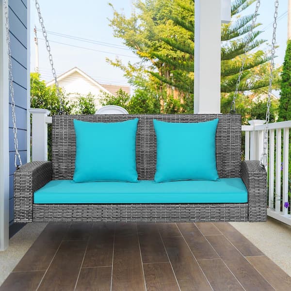 ANGELES HOME 2-Person Patio PE Wicker Hanging Porch Swing with Turquoise Cushion and 800lbs Weight Capacity