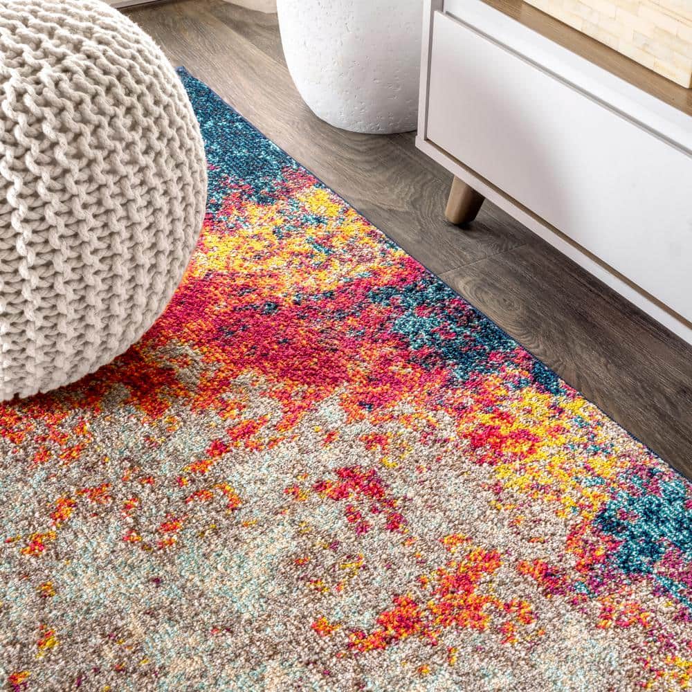 Modern Abstract Cream/Blue Synthetic 5'x8' Easy-Care Area Rug