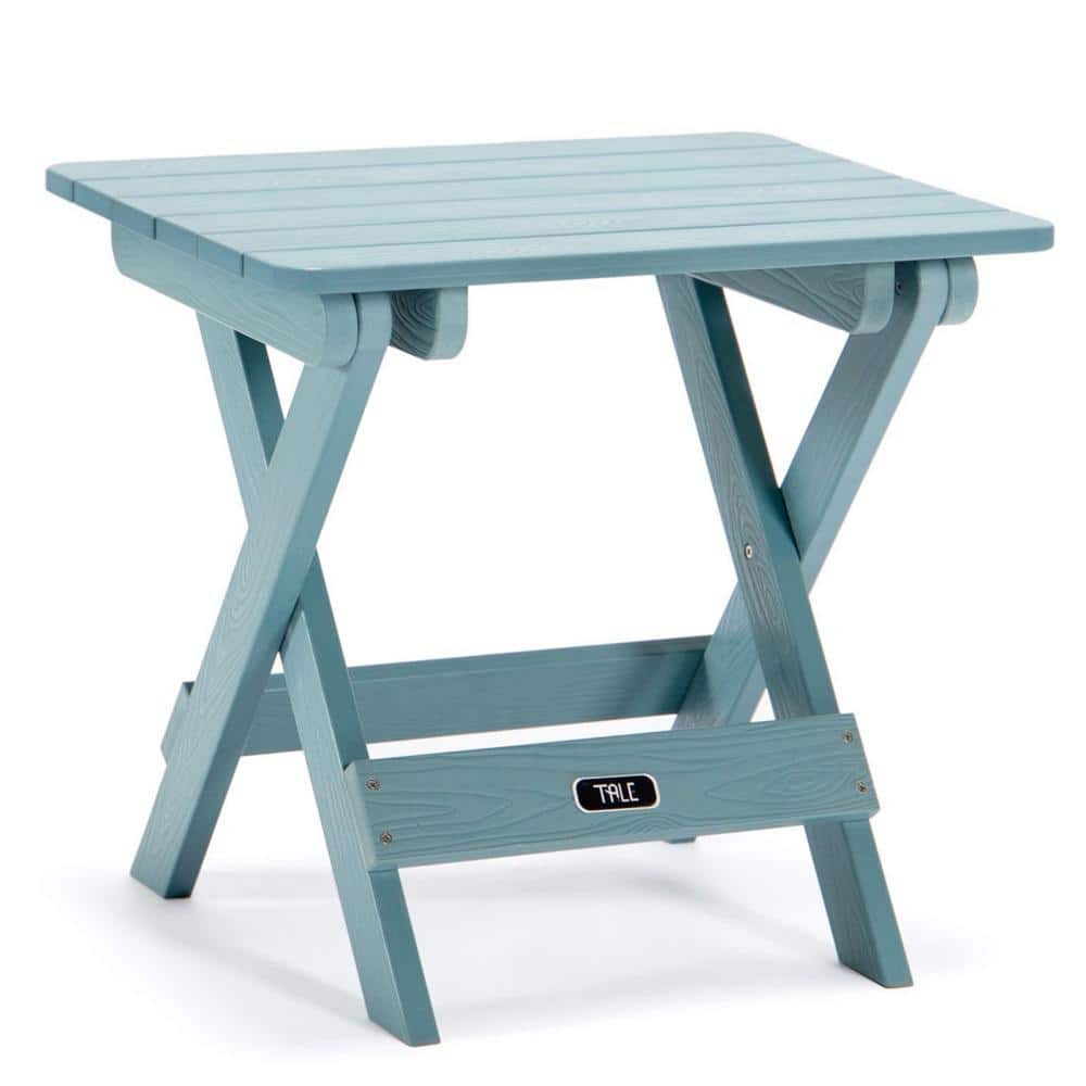 Teal blue outdoor side table against a white background.