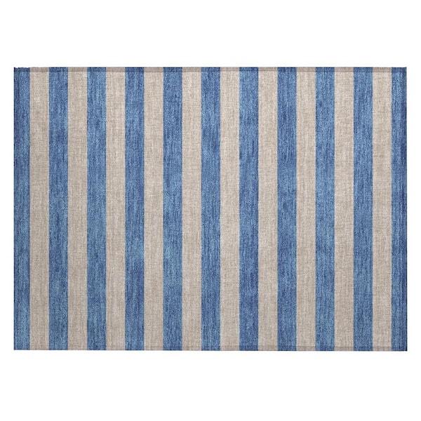 Blue and Tan 2 ft. x 3 ft. Woven Striped Polyester Rectangle Indoor/Outdoor Area Rug