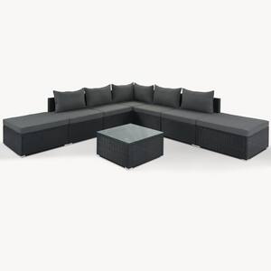 8-Pieces Black Wicker Patio Conversation Set with Gray Cushions