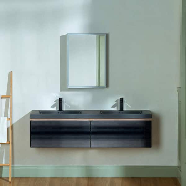 TN 59 in. W x 19.63 in. D Double Sink Floating Bath Vanity in Mature Oak with Matte Black Quartz Top