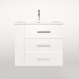 Rita 24.25 in. Single Sink Wallmount Bath Vanity with White Ceramic Countertop in Matte White with Left Side Shelf