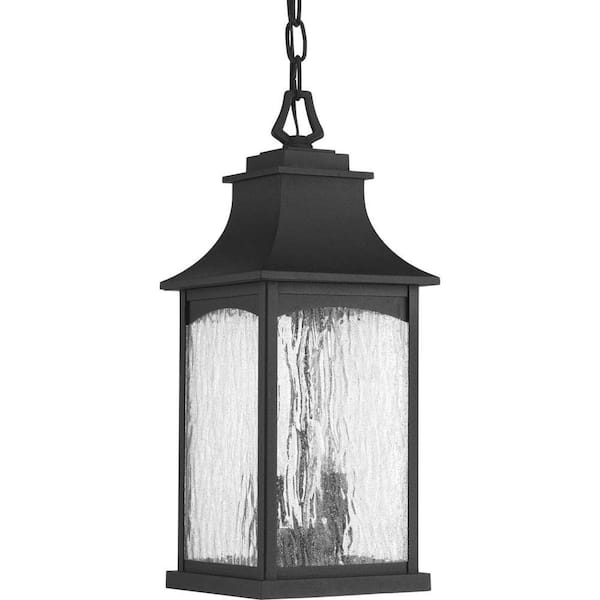 Progress Lighting Maison Collection 2-Light Textured Black Water Seeded Glass Farmhouse Outdoor Hanging Lantern Light
