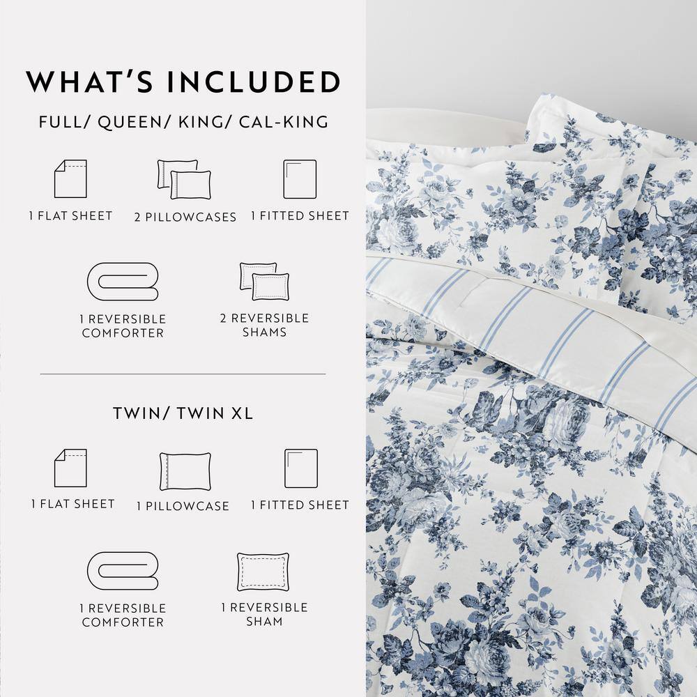 Twin XL White and Blue Floral Microfiber Bedding Set