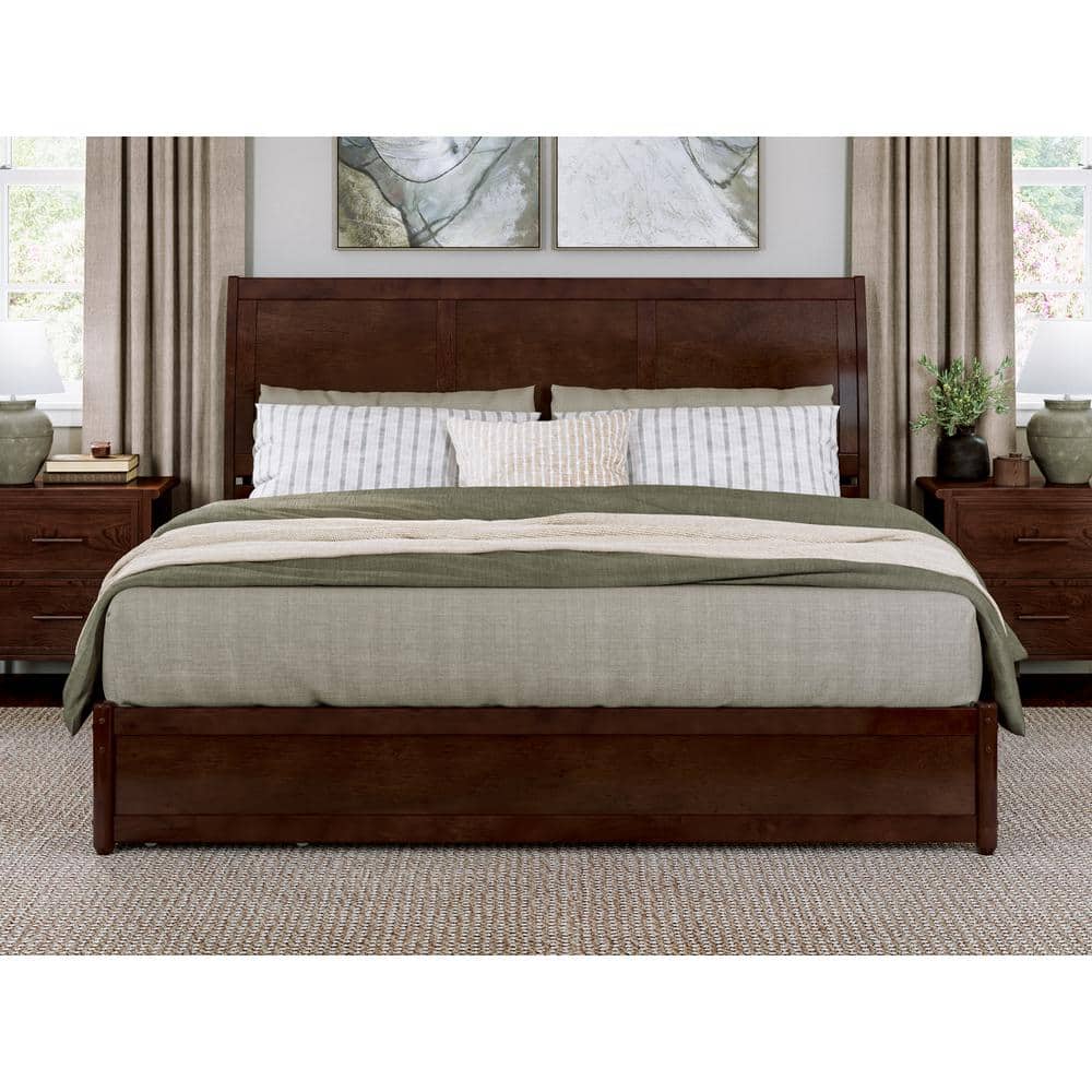 Walnut King Platform Bed with Storage Drawers and Wood Headboard