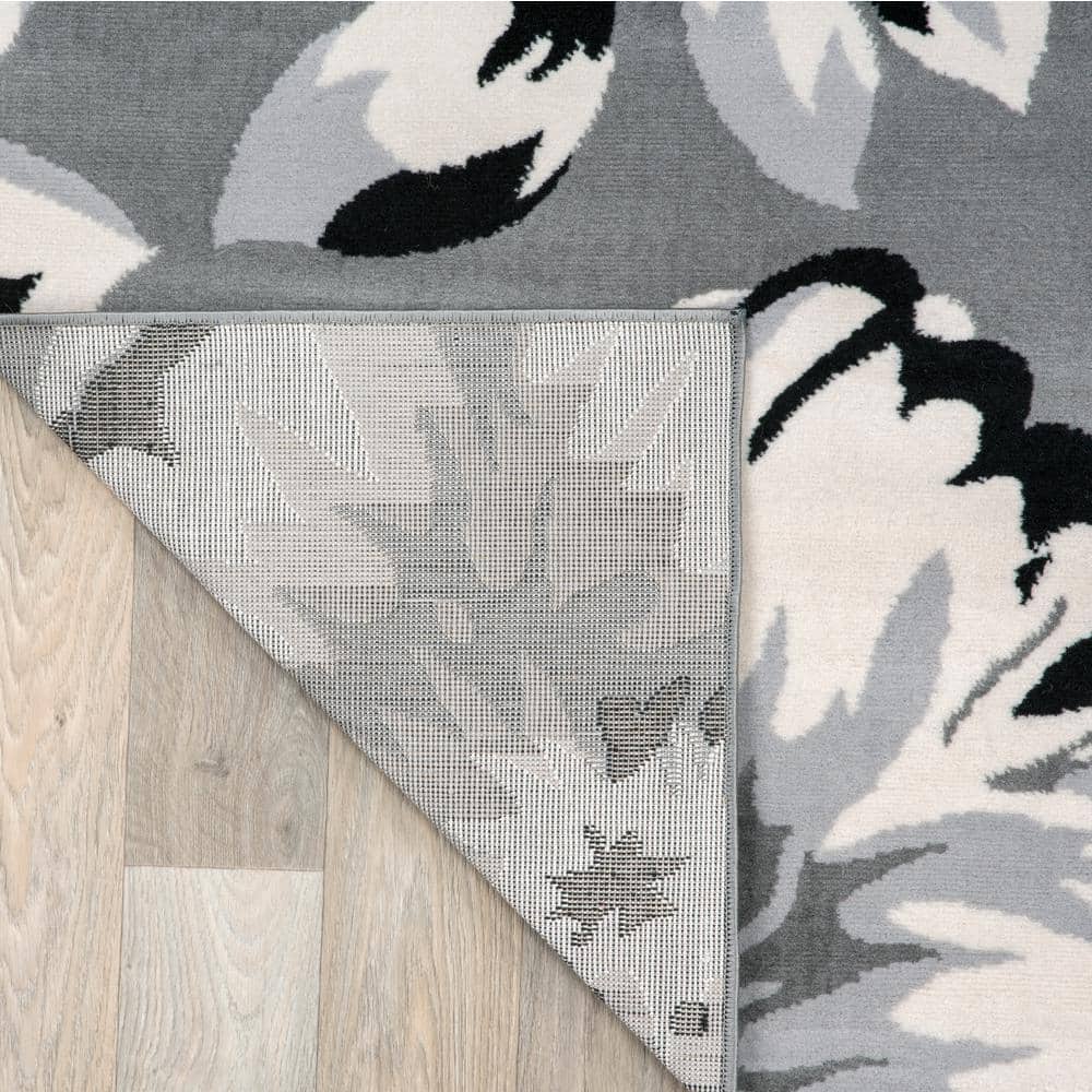 Modern Floral Design Blue and Gray Synthetic Runner Rug