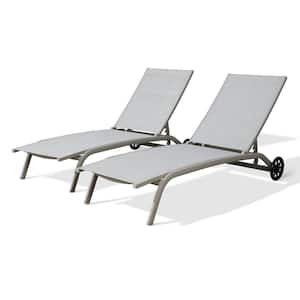 Gray 2-Piece Adjustable Aluminum Sling Outdoor Chaise Lounge with Wheels