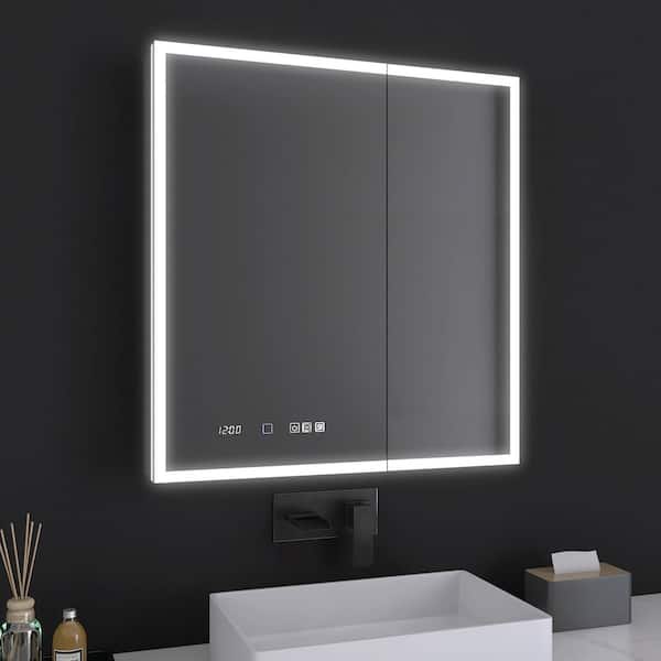 HHG 30 in. W x 32 in. H Rectangular Silver Aluminum Recessed/Surface Mount Medicine Cabinet with Mirror and LED