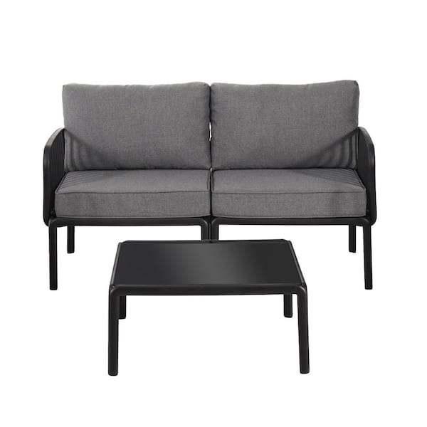 Unbranded 3-Piece Outdoor Conversation Sets with Dark Gray Cushions and Coffee Table, Deep Seating for Porch, Balcony, Black