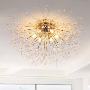 23.62 in. 6-Lights Gold Dandelion Modern/Contemporary Crystal Flush Mount Ceiling Light for Living Room