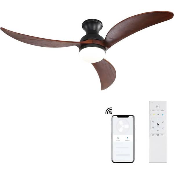 52 in. Smart Indoor Black Ceiling Fan with Light, Dimmable, Quiet Reversible DC Motor, 3 Wood Blades and Remote