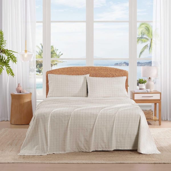 Paradise Plaid 4-Piece Beige Cotton Percale Queen Sheet Set