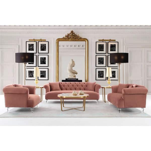Armen Living Elegance 88.6 in. Blush Velvet 4-Seater Chesterfield Sofa with Round Arms