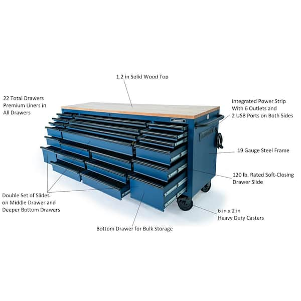 Tool Storage Heavy Duty 84 in. W x 24 in. D Matte Blue Mobile Workbench Cabinet