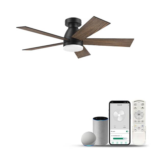 42 in. Smart Indoor Outdoor Black Standard Flush Mount Ceiling Fans with LED Light and Remote Control, 6-Speed