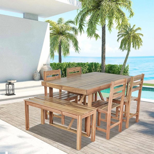Cesicia High-quality Natural Wood 6-Piece Acacia Wood Outdoor Dining Set Suitable for Patio Balcony Backyard
