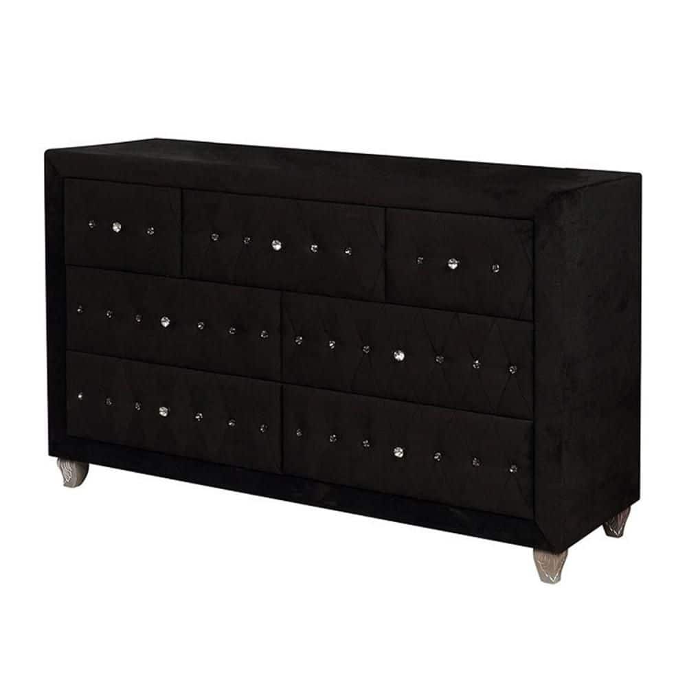 Black 7-drawer velvet dresser with crystal accents.