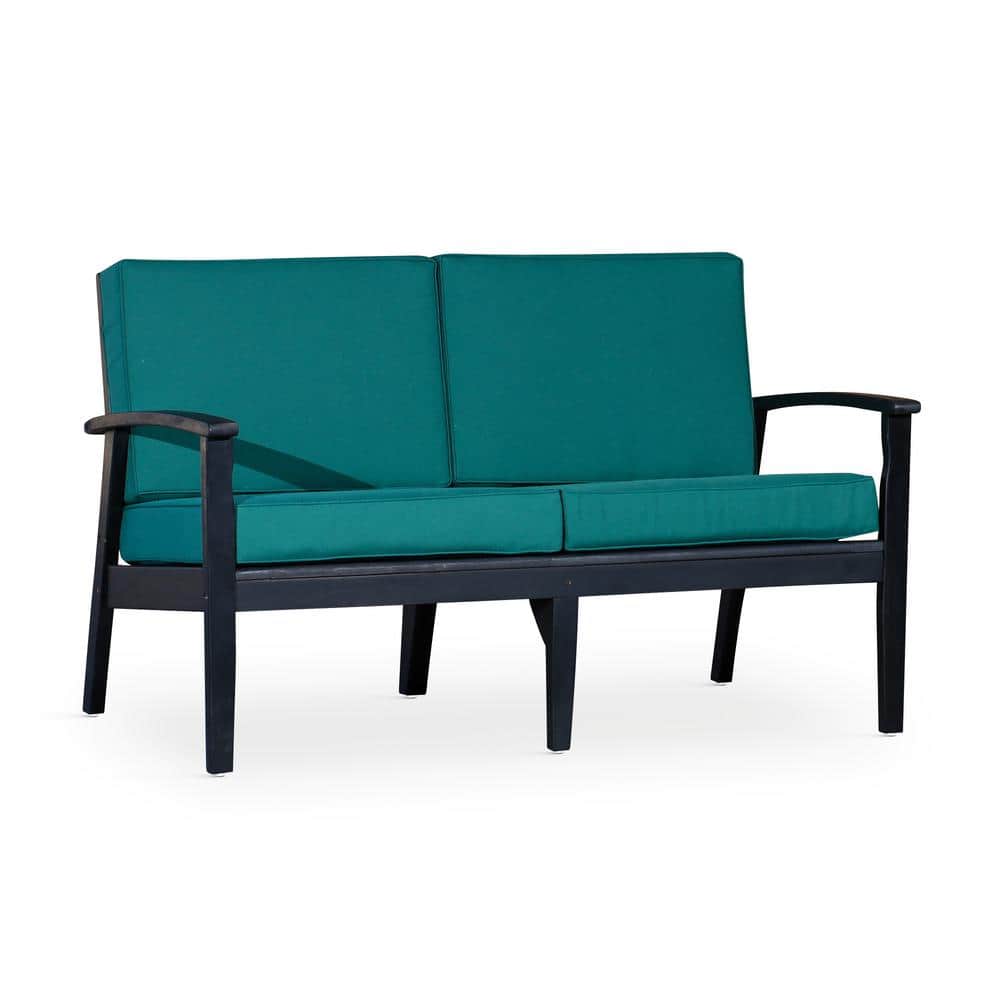 Espresso Eucalyptus Wood Outdoor Loveseat with Dark Green Cushions for Gard