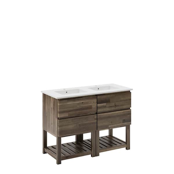 Formosa 48 in. Double Sink Freestanding Open Bottom Acacia Bath Vanity with White Quartz Top and Undermount Ceramic Sink