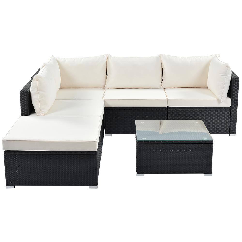 Sireck 6-Piece Wicker Outdoor Sectional Set Black with Beige Cushions ...