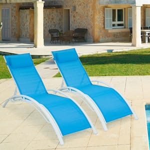 2-Piece Blue Aluminum Outdoor Chaise Lounge Chair Recliner with 5-Level Adjustable Backrest and Blue Cushion