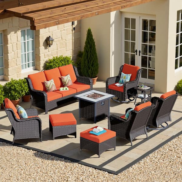 OVIOS New Kenard Brown 9-Piece Wicker Patio Fire Pit Conversation Set with Orange Red Cushions and Swivel Rocking Chairs