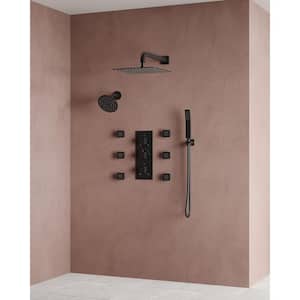 Thermostatic 8-Spray Patterns 12&6 in. Square Wall Mount Dual Shower System Set 2.5 GPM in Matte Black