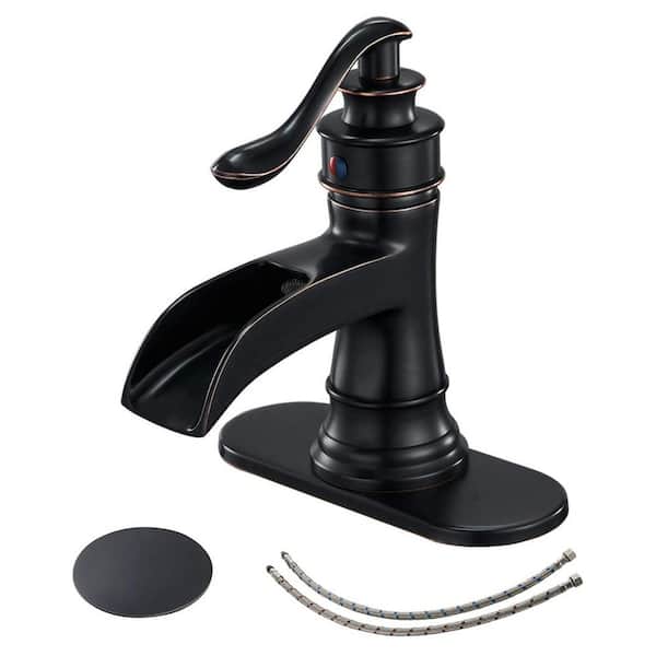 FLG Single Handle Single Hole Waterfall Bathroom Faucet with Deckplate Included and Drain Kit Included in Oil Rubbed Bronze